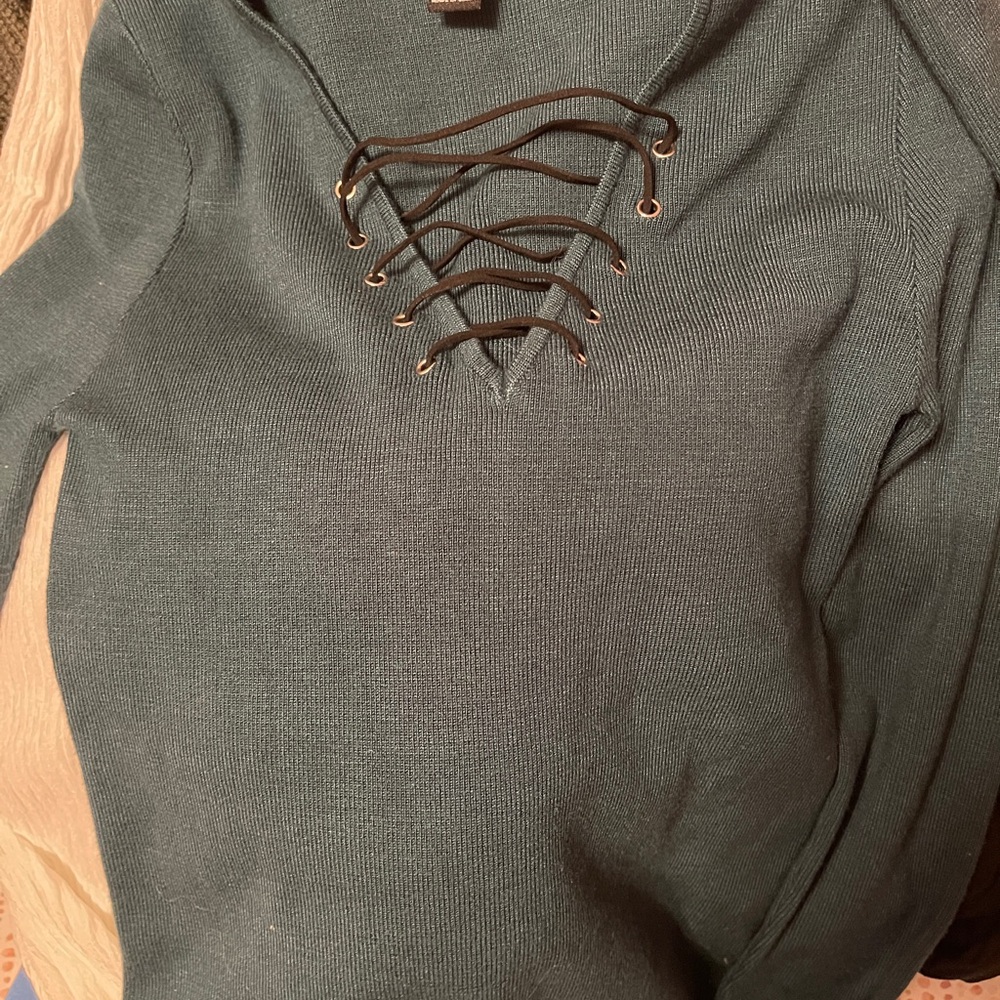 Forever 21 V-Neck Lace-Up Sweater - Dark Green